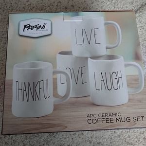 NEW Parini 4 Piece White Ceramic Coffee Mug Set Live/ Laugh/ Love/ Thankful